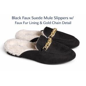 Women’s Size 7 Black Faux Suede Mule Slippers w/ Faux Fur Lining & Gold Chain...